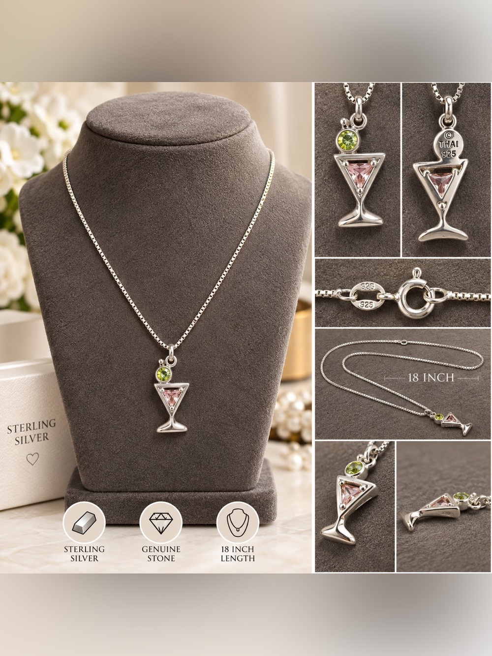 Sterling Silver Pink & Green Cocktail Glass Pendant Necklace